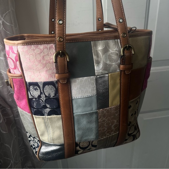 Vintage Y2K Coach Patchwork Tote Bag Shoulder Bag Denim & Pink Turnlock Pockets - Picture 4 of 8